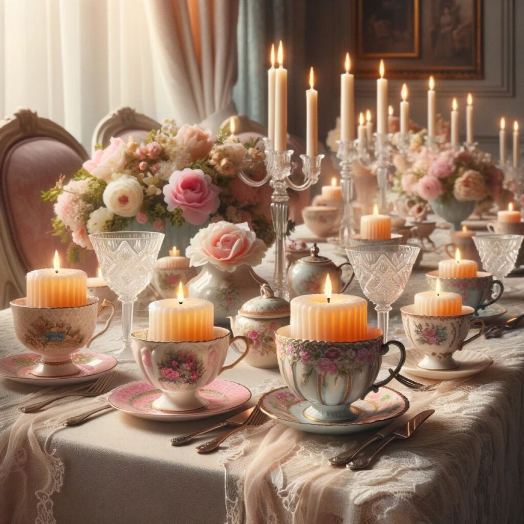 Table with candles and teacups filled with candles. 