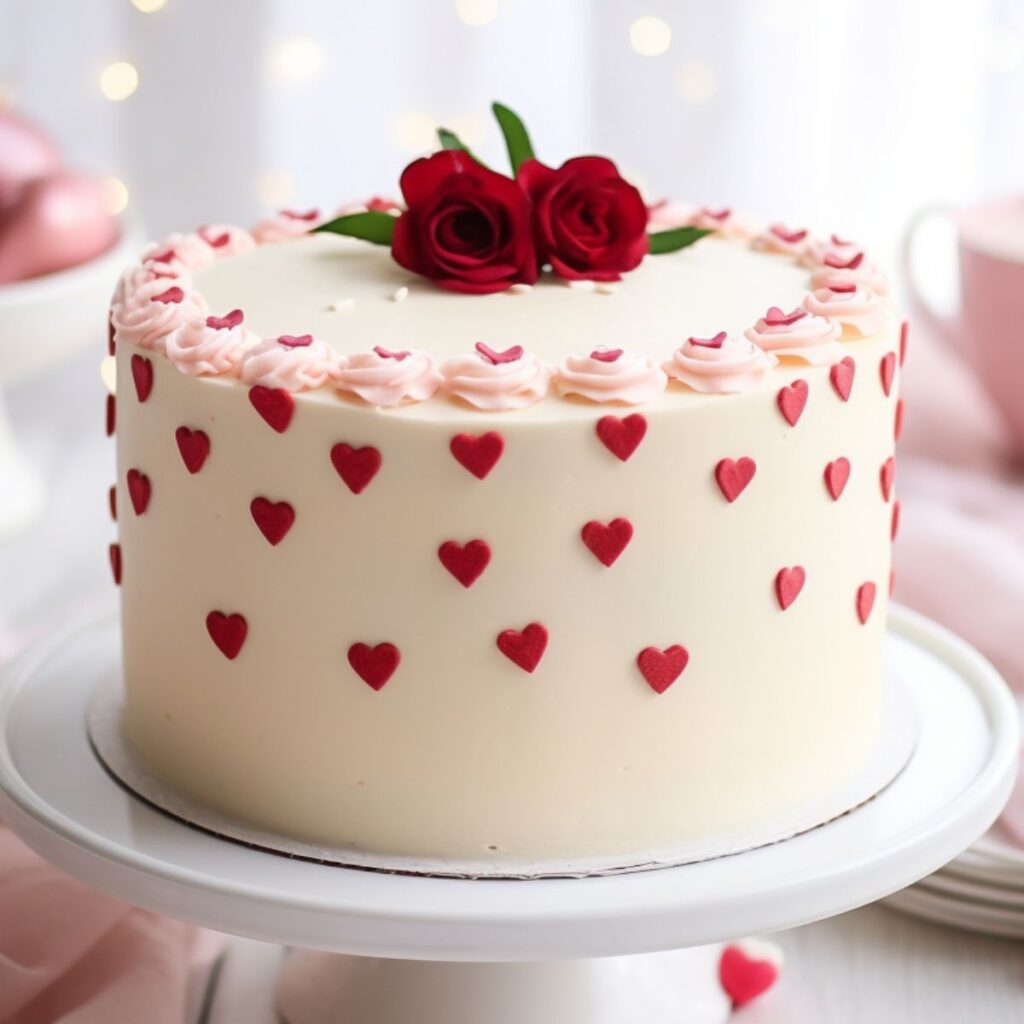 White cake with heart sprinkles and topped with a red rose.