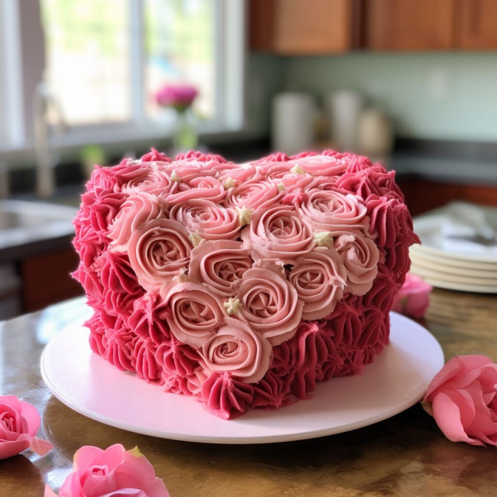 Heart shaped cake with pink frosting rosettes piped on the cake.
