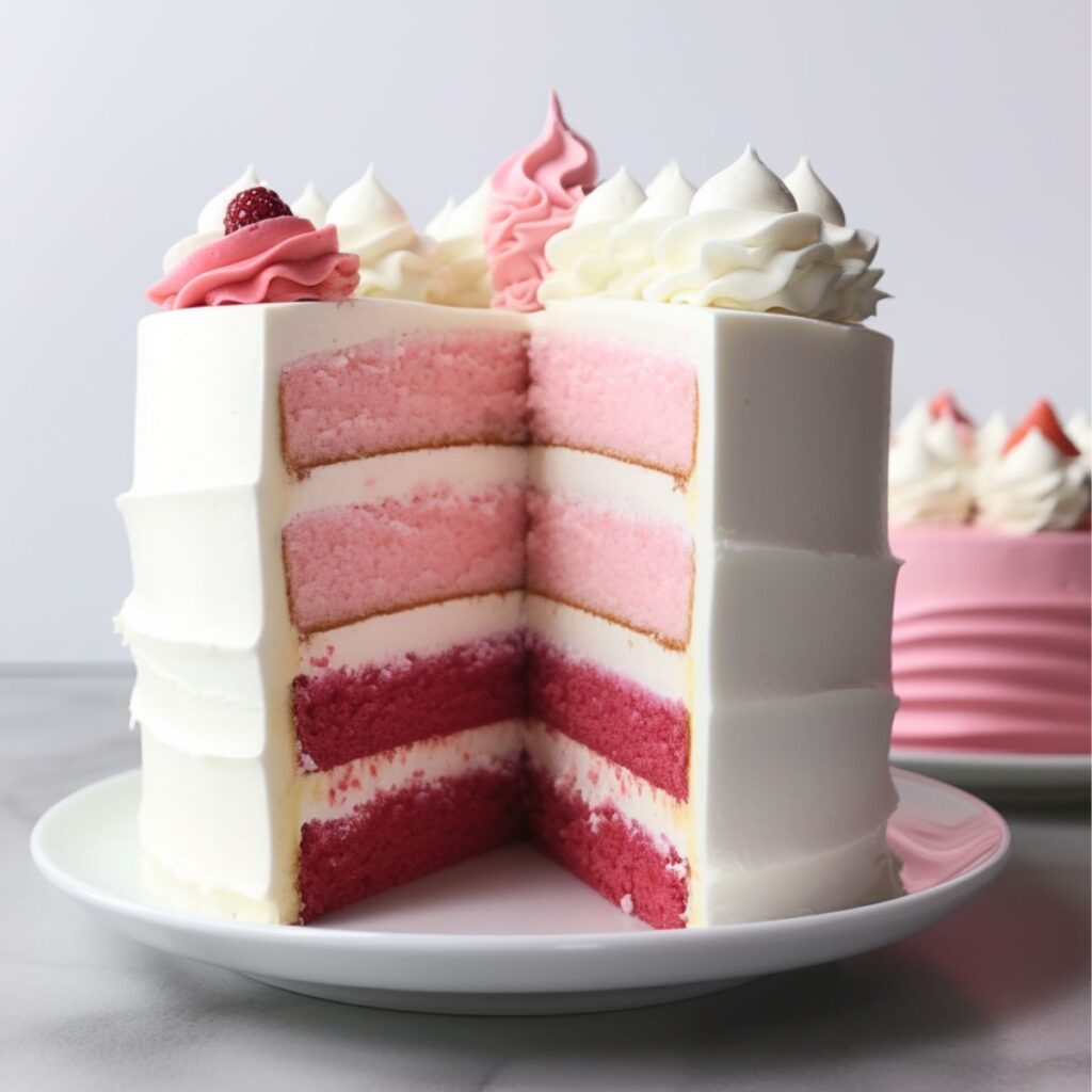Layered cake with pink and red layers and white frosting.
