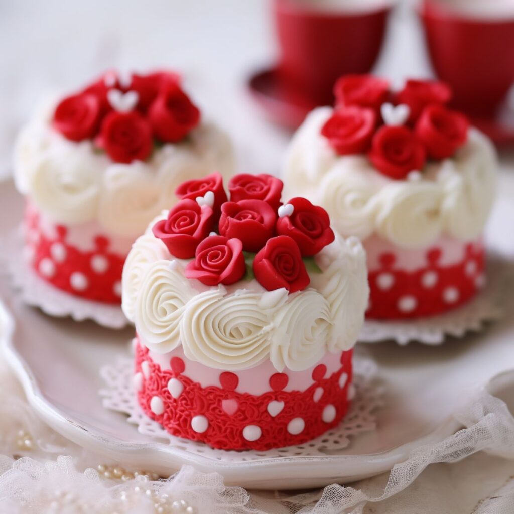 Mini cakes with red and white frosting topped with candy roses.