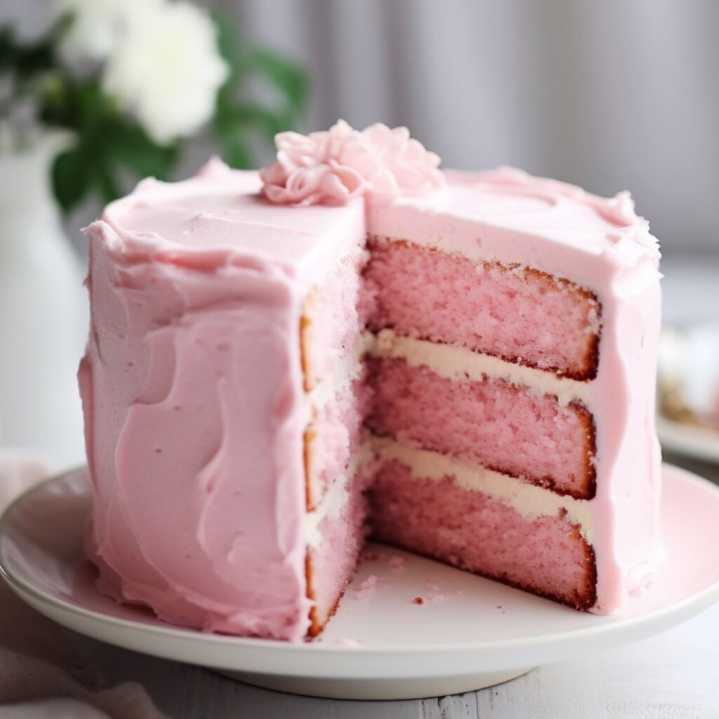 Pink velvet cake with pink frosting. 