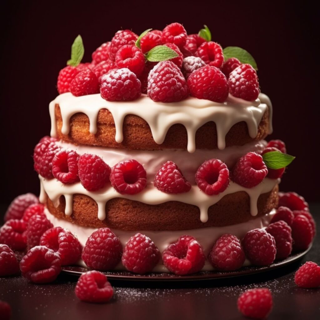 Layered cake with frosting and fresh raspberries.