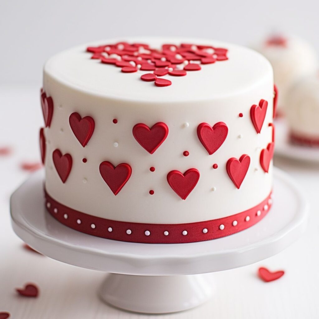 White cake with red hearts on the side of the cake. 