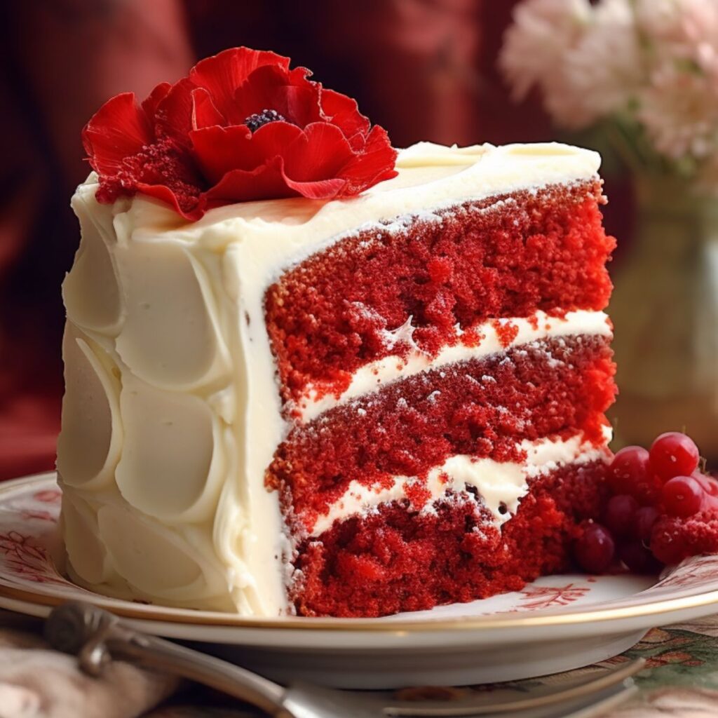 Piece of red velvet cake with a red flower on top.
