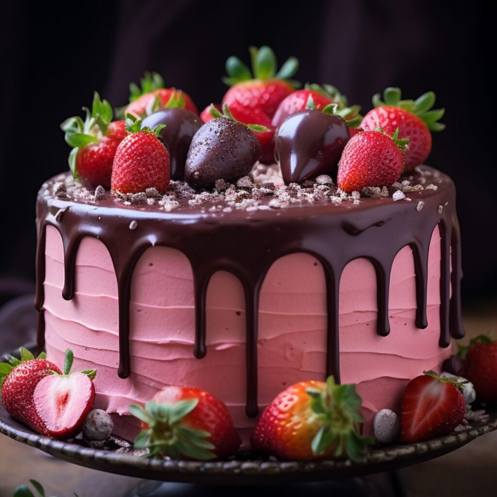 Pink cake with a chocolate drip and topped with strawberries.