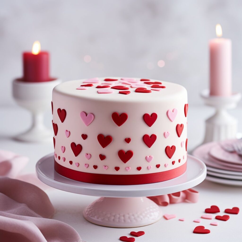 White cake with red and pink hearts on the side on a cake stand.
