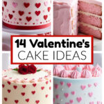 White cake with hearts, pink velvet cake, layered cake, and blue cake with pink hearts.