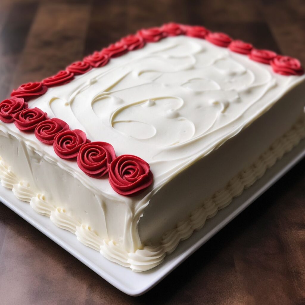 White sheet cake with red rosettes. 