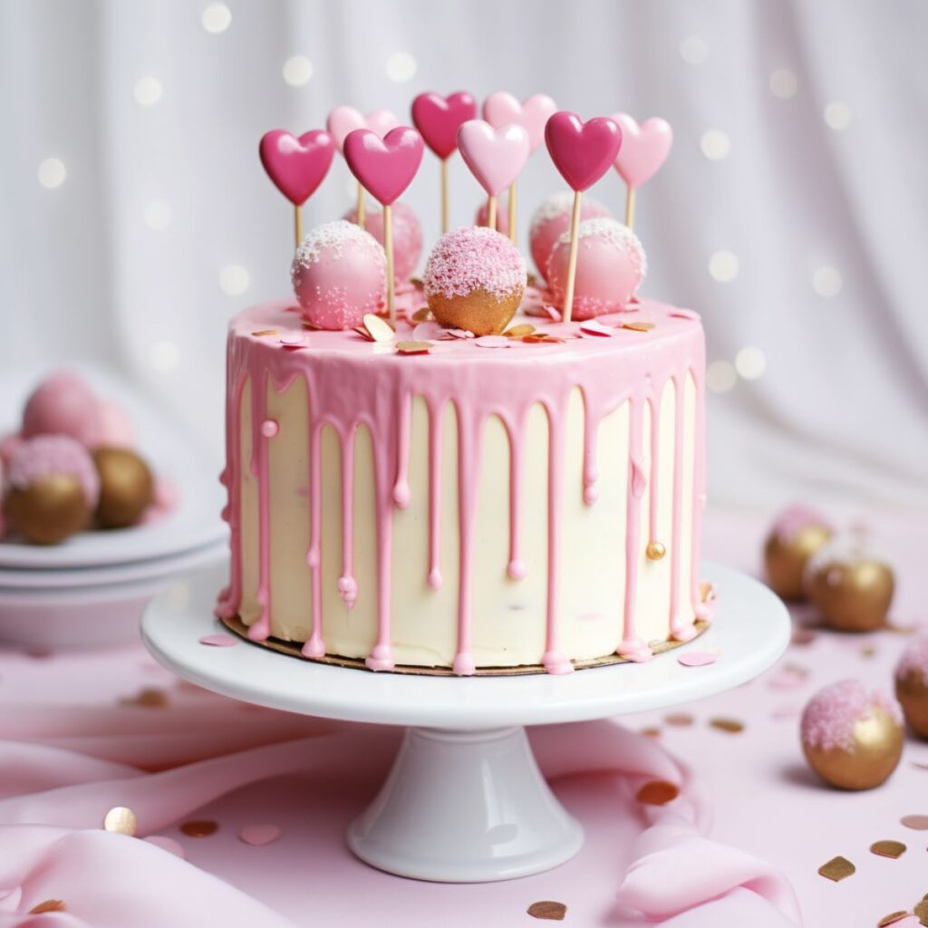 White cake with pink frosting dripping from the top. Topped with heart shaped lollipops.
