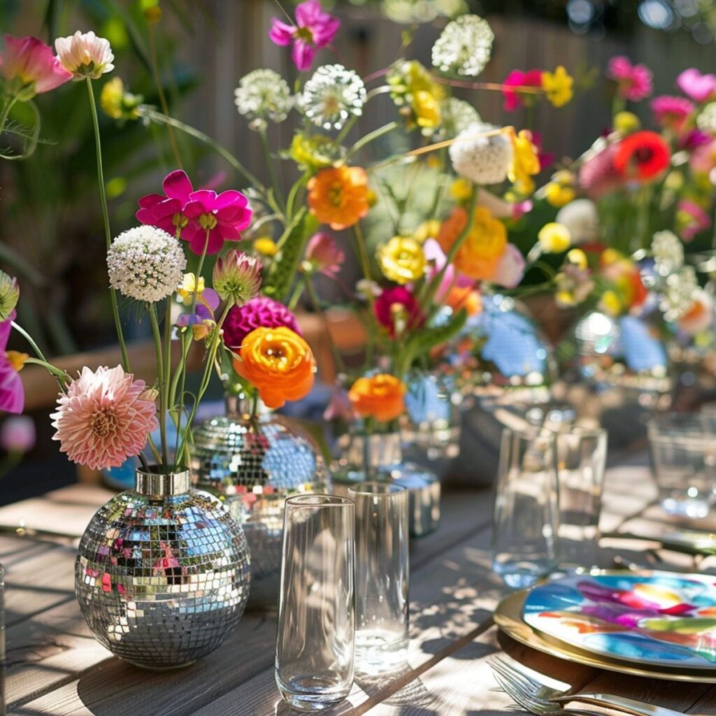 Disco ball vases holding flowers on a table.
