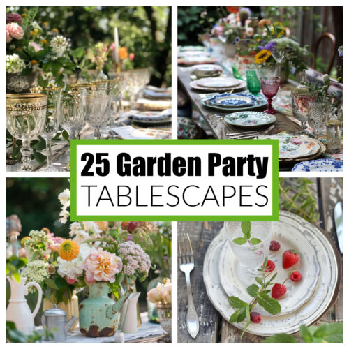 Outside table with glassware, dishes, flowers and plates.