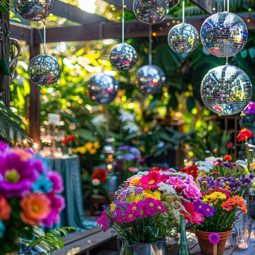 Outside party with disco balls hanging and colorful flower arrangements.