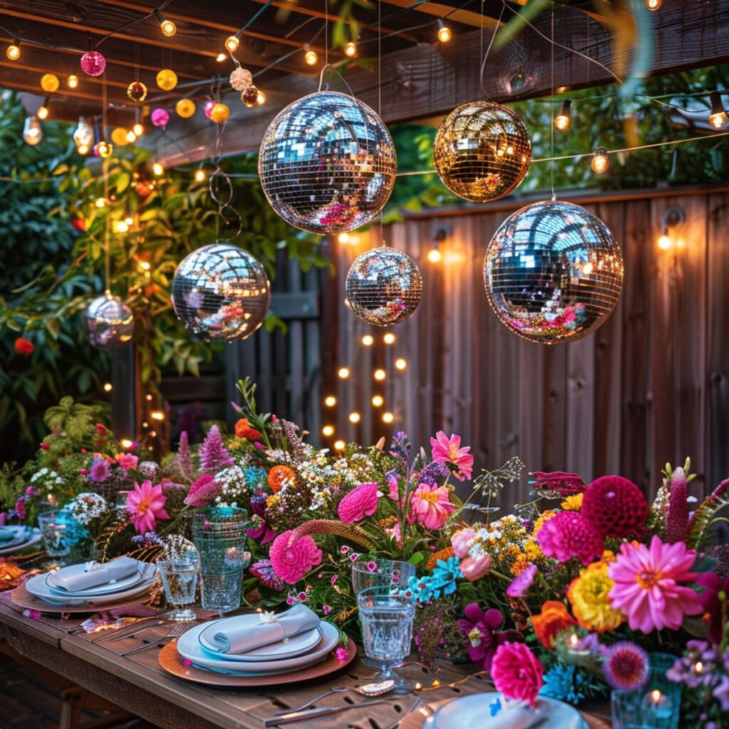 Outdoor party with a table set with colorful flowers and hanging disco balls.
