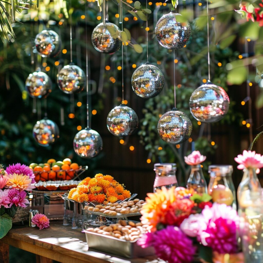 Table outside with snacks, flowers, and hanging disco balls. 