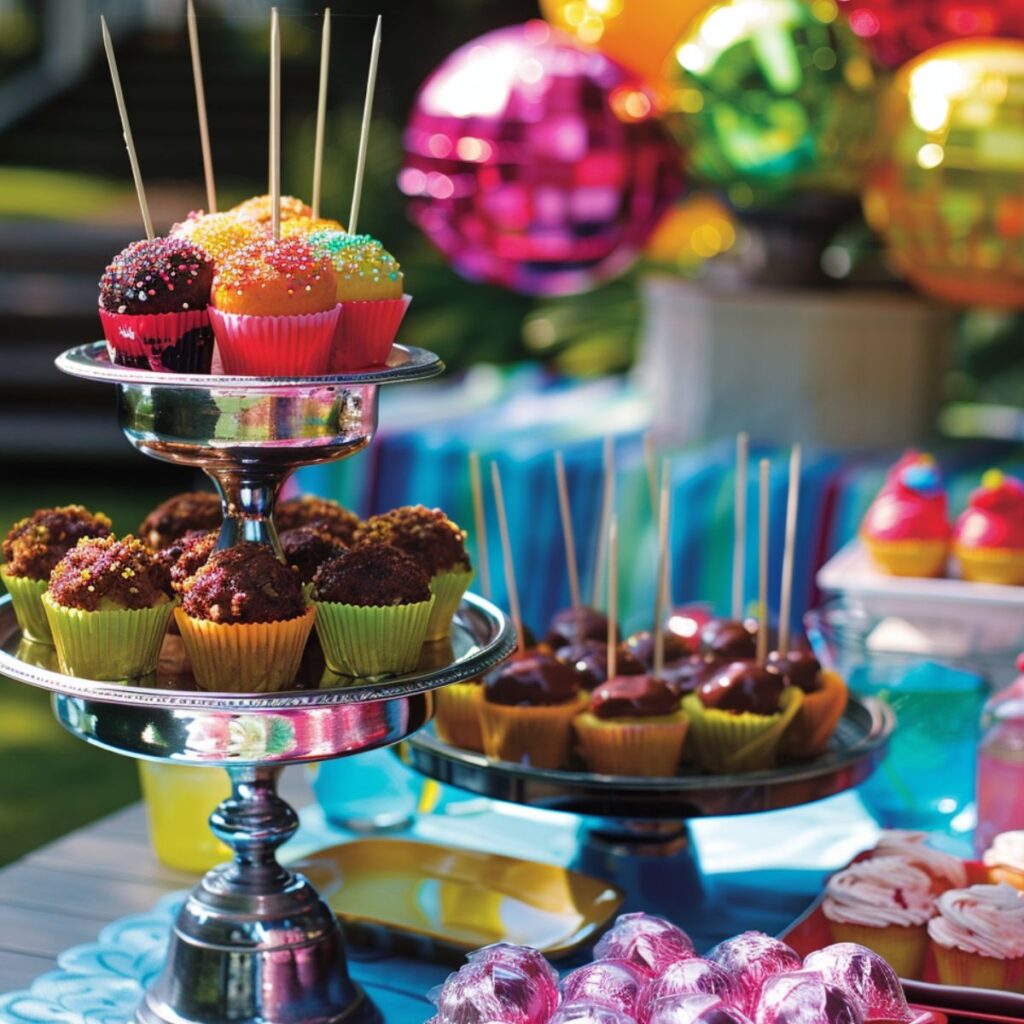 Party table with cupcakes and colorful disco balls. 