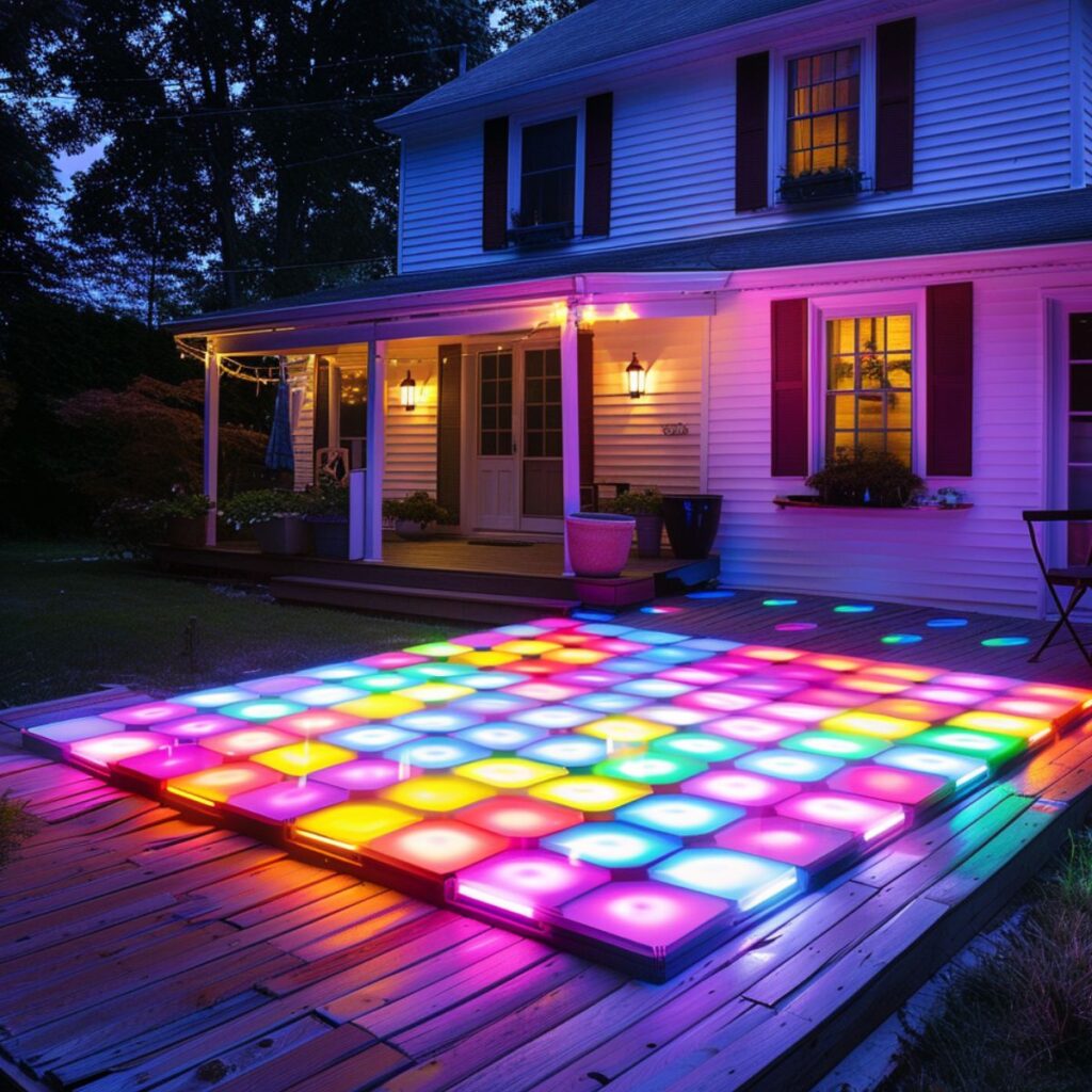 LED disco floor outside on a back porch of a house.