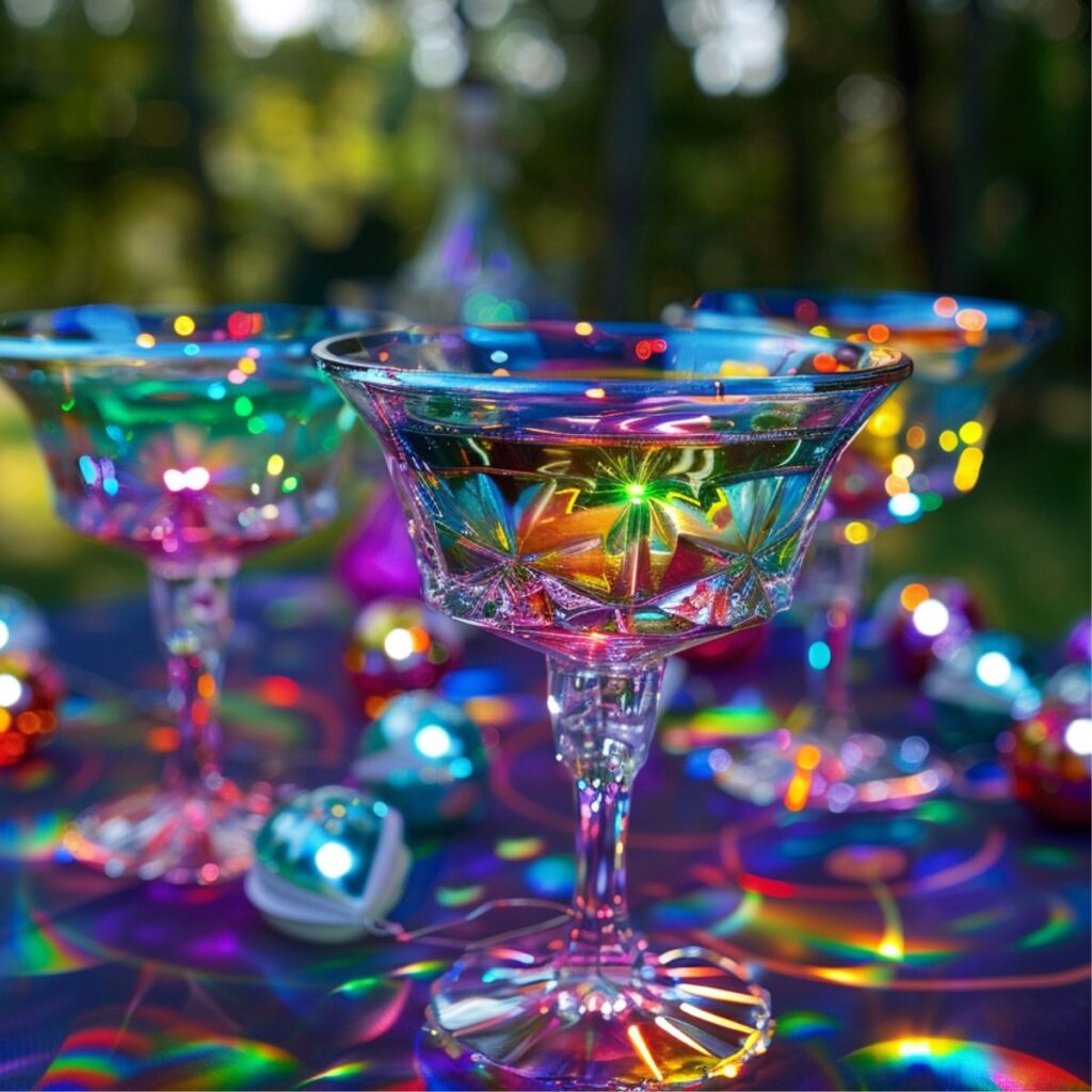 Colorful glass on a party table with small disco balls.