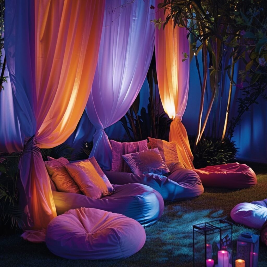 Backyard at night with purple bean bags and colorful lighting. 
