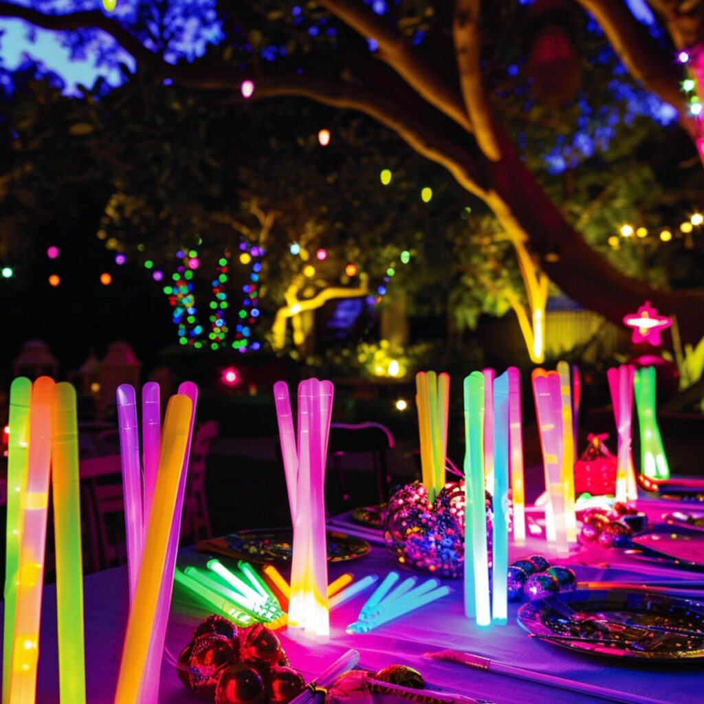 Glow in the dark neon sticks on a party table.