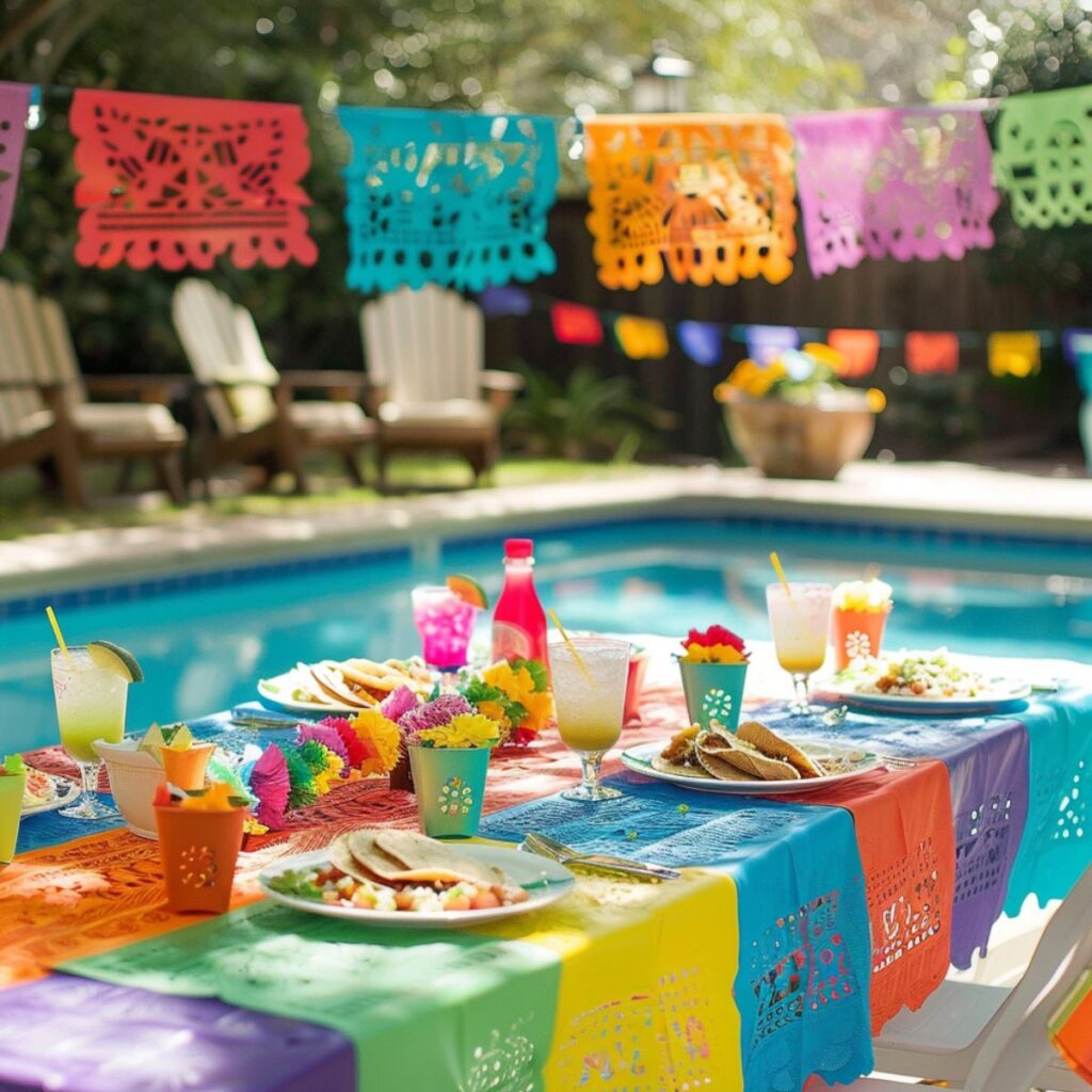Pool party decorated with a fiesta theme.