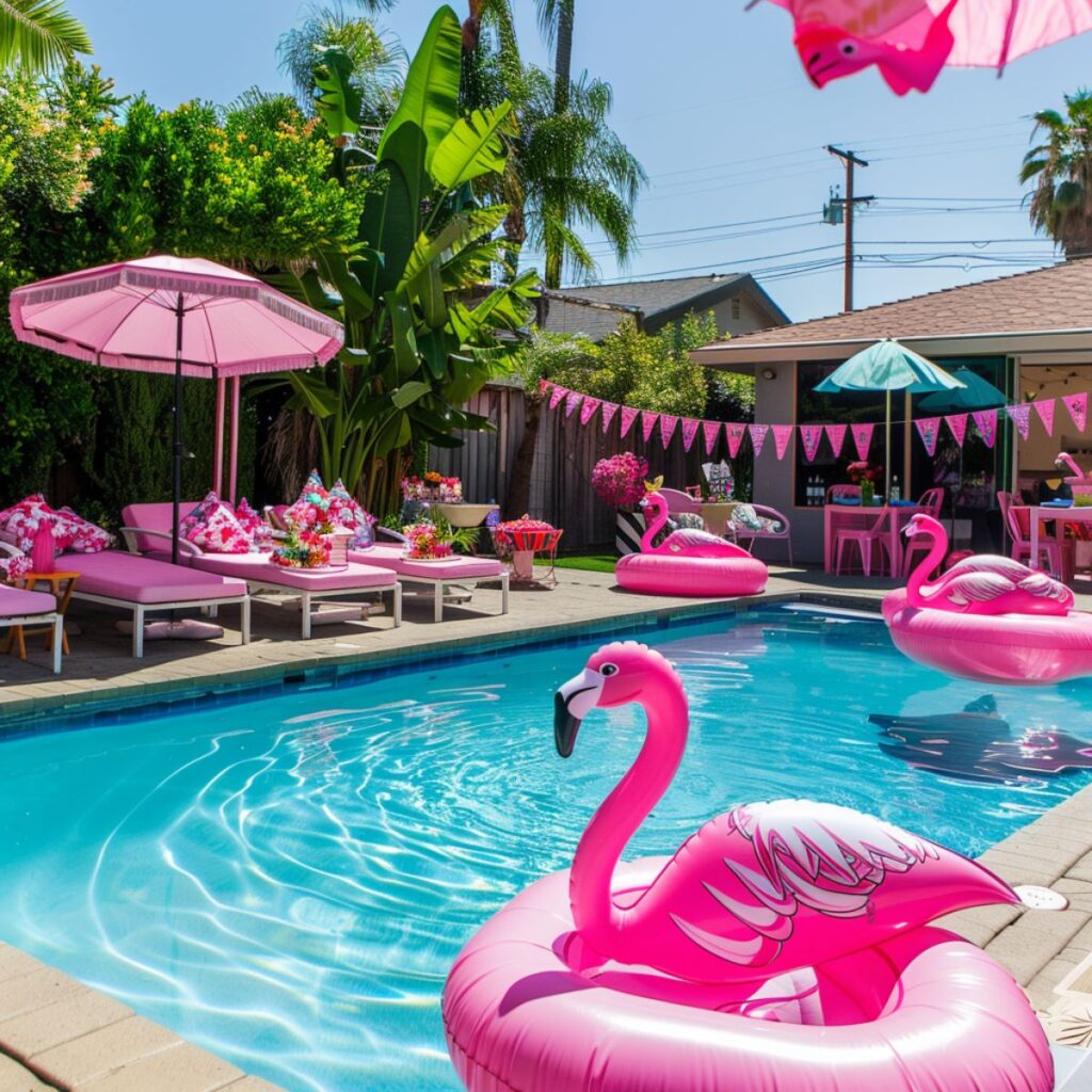 A backyard pool party with flamingo floats. 
