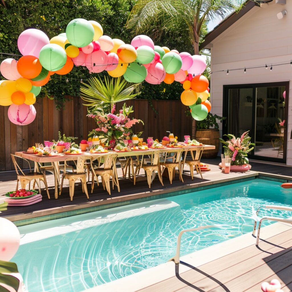 Backyard pool area set up with a beautiful table with colorful balloons and plates. 