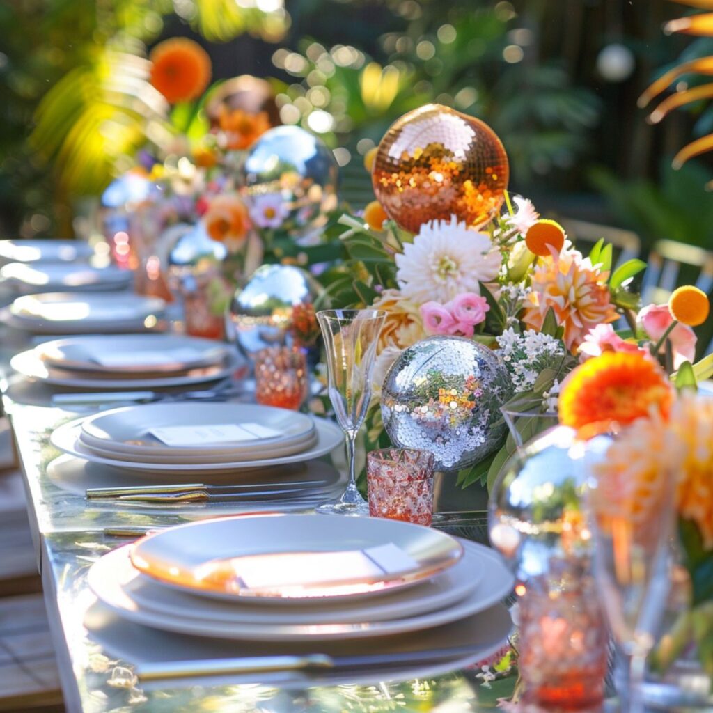 Daytime party outside with a table set with plates and flowers. 