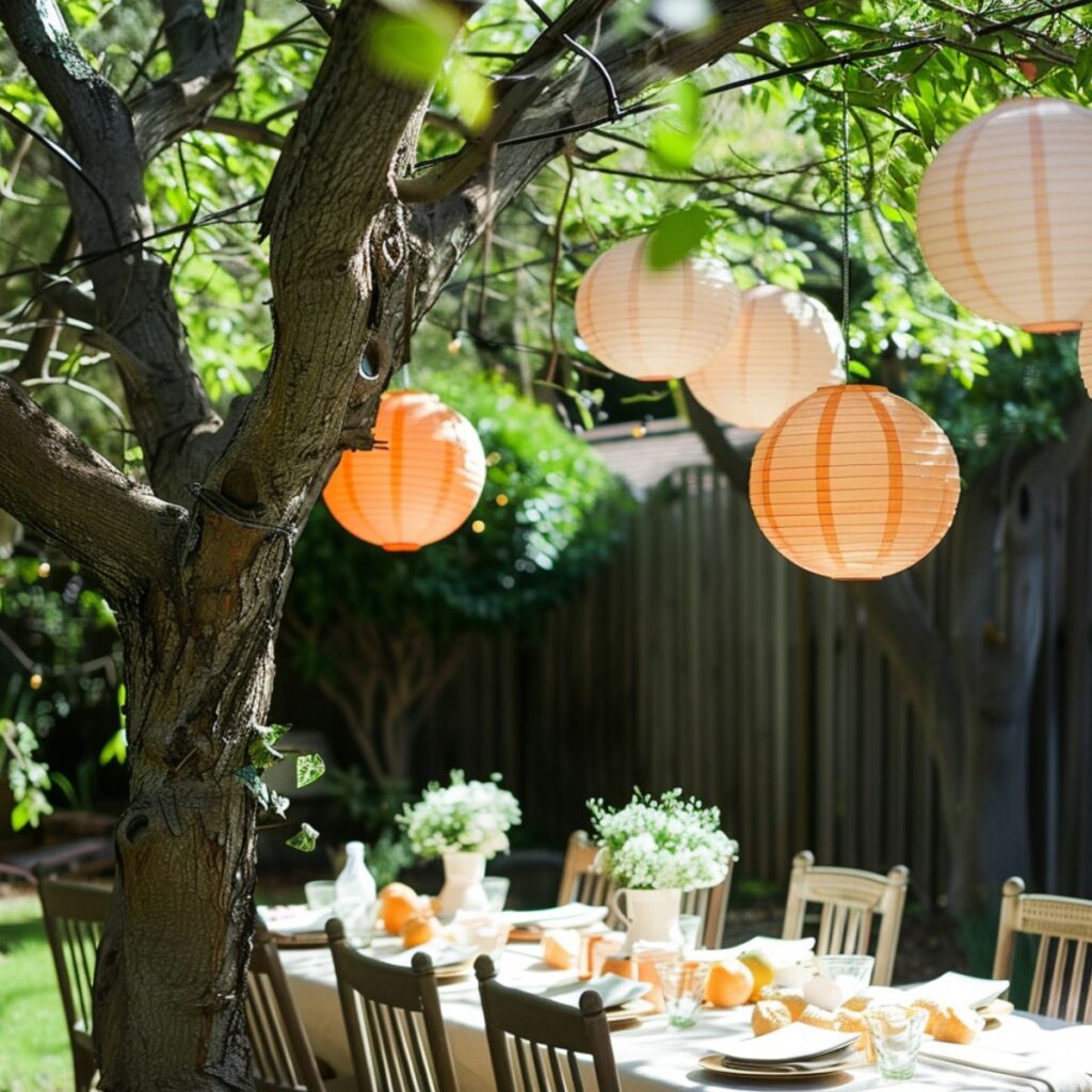 Orange paper lanterns hanging in a tree over a table set with plates. 