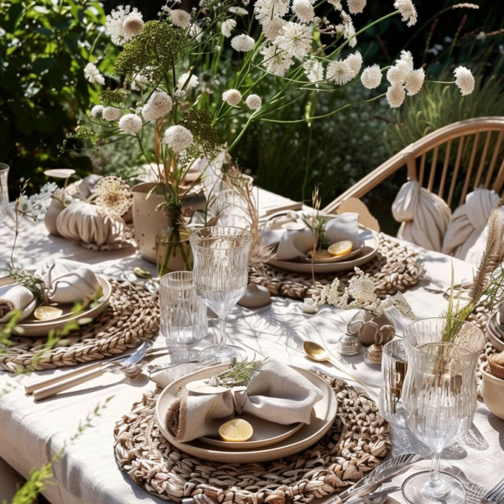 Table outside set with neutral table setting and white flowers. 