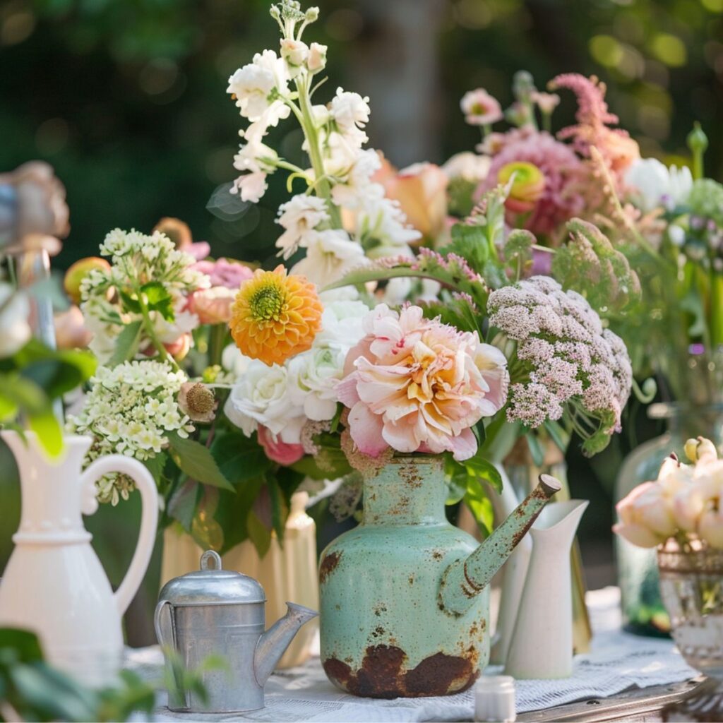 Table with rustic jars of flowers. 