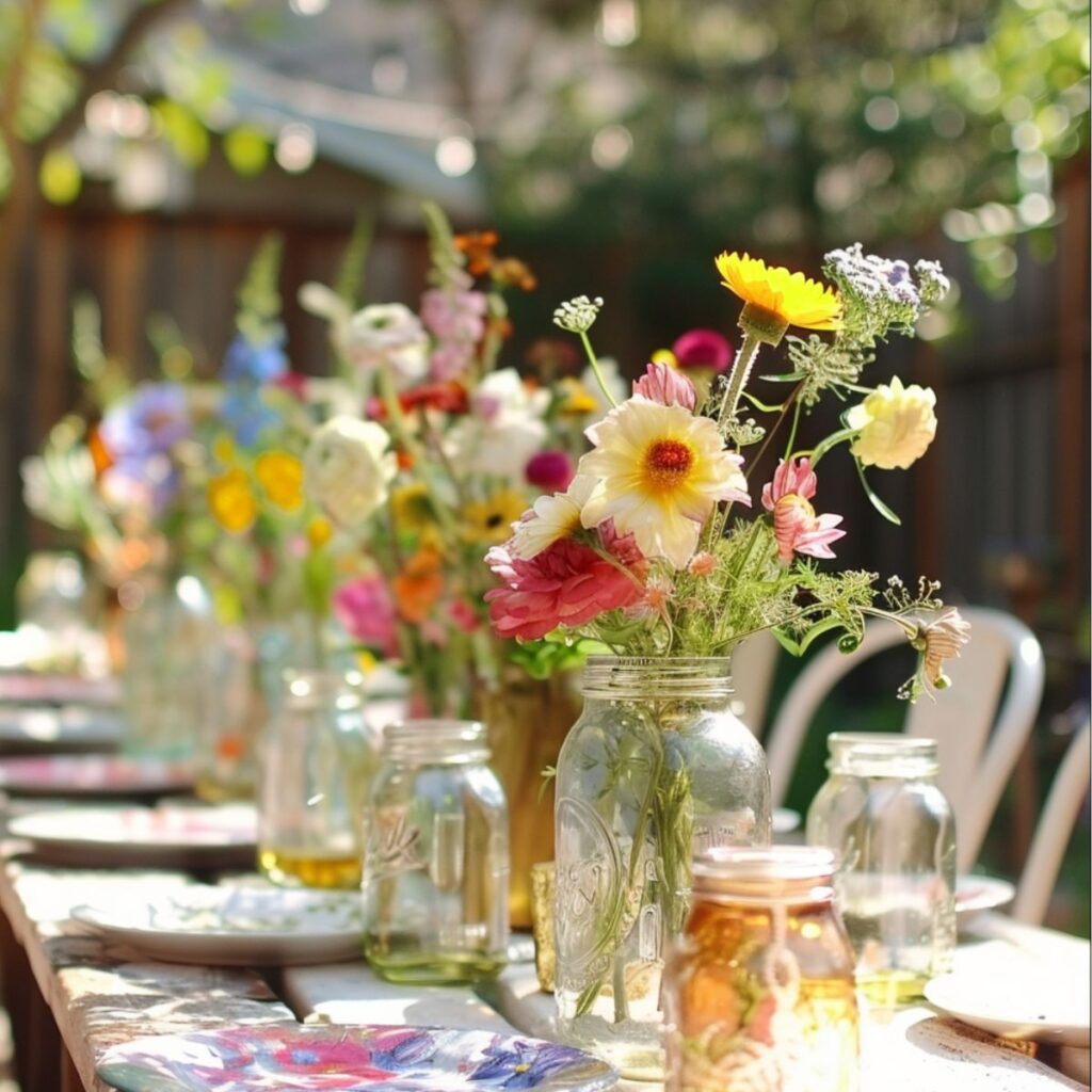 Garden party table set with Mason jar glasses and flowers. 