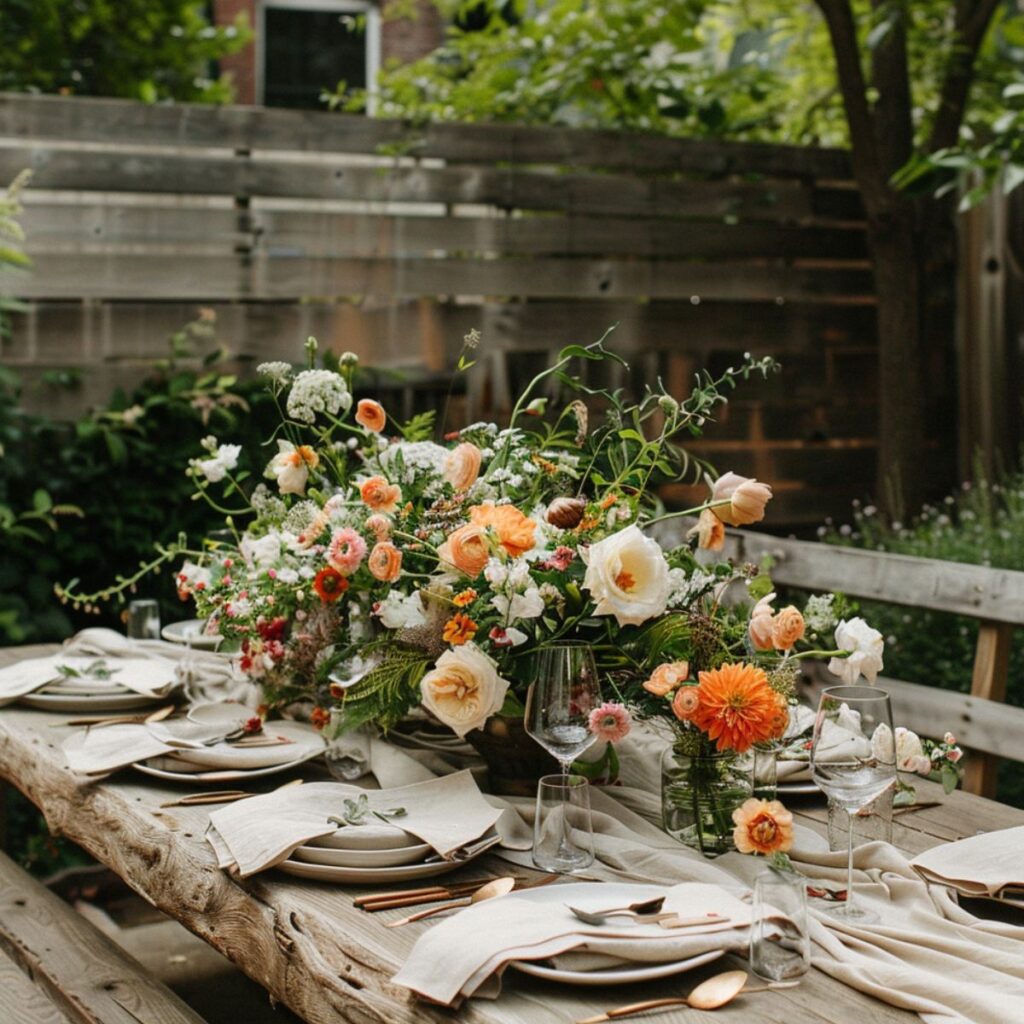 Table with beautiful orange and white flower centerpiece.