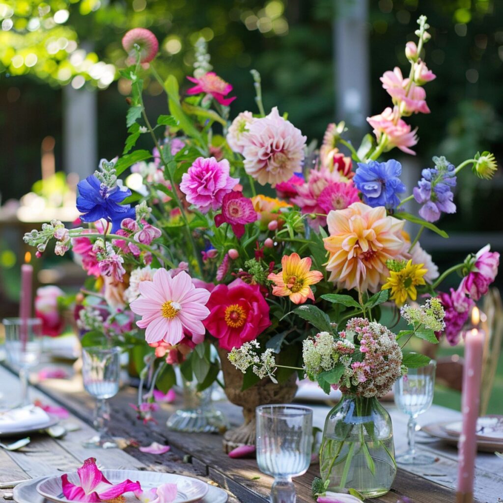 Outside table with place settings and a colorful flower centerpiece. 