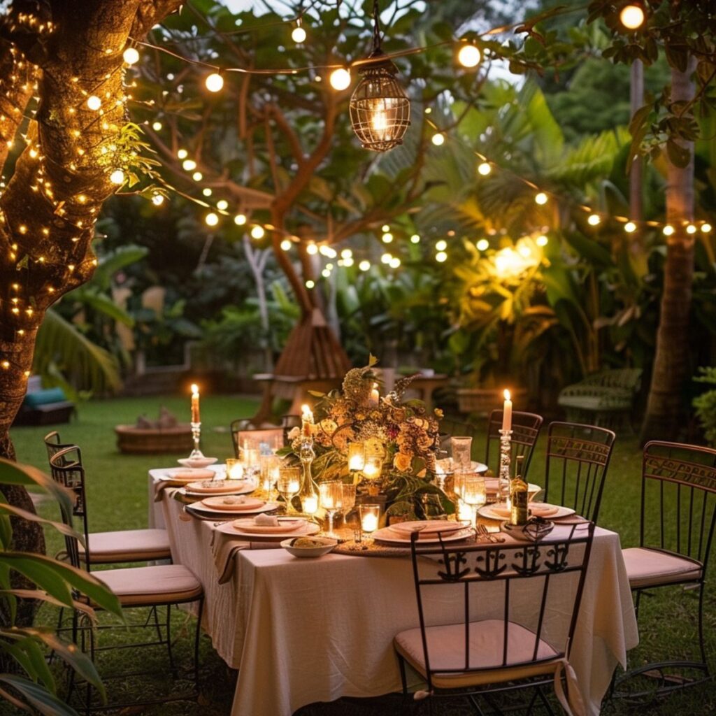 Outside table with a pink tablecloth with candles and hanging lights. 