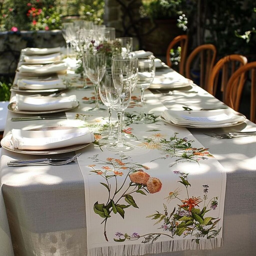 Tables outside set with a tablecloth, plates and a flower table runner.