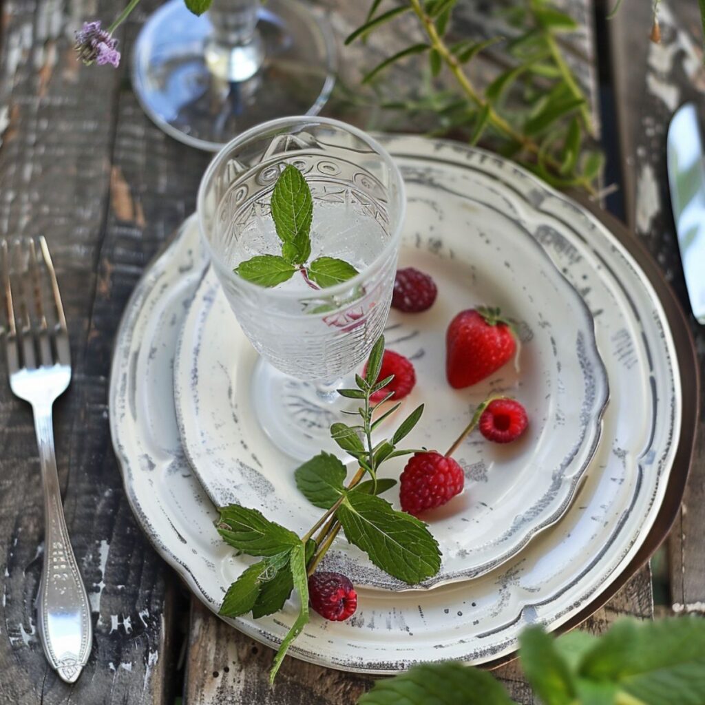 Plate on a rustic table with mint, strawberries and raspberries. 