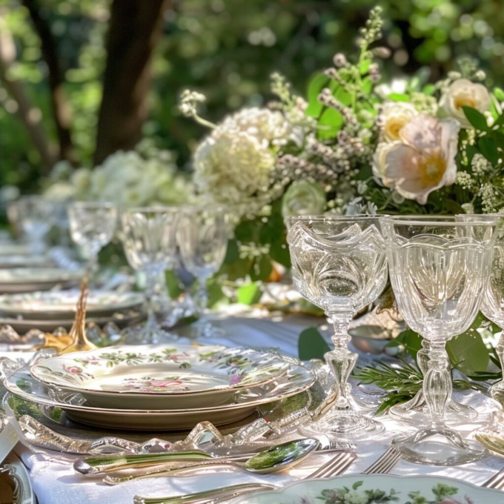 Outdoor table with crystal glasses and flower plates. 