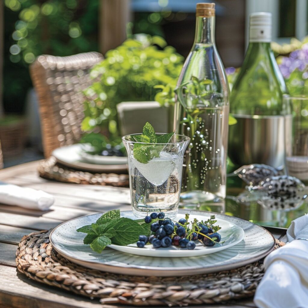 Outdoor table with wine bottle and plates topped with berries. 