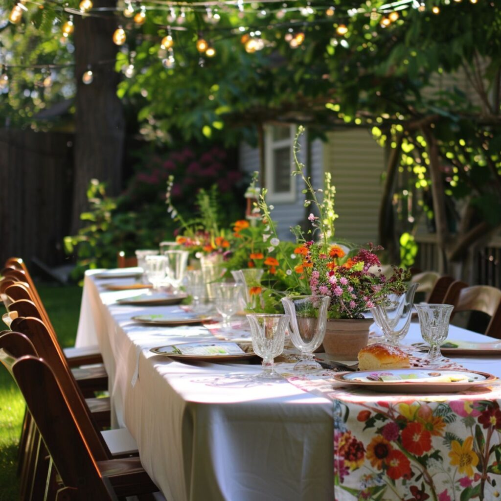 Garden party with a table decorated with flowers and a table runner.