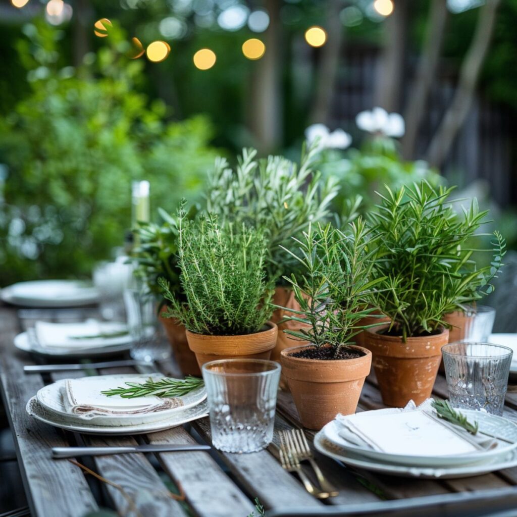 Wooden table outside set with potted herbs as a centerpiece. 