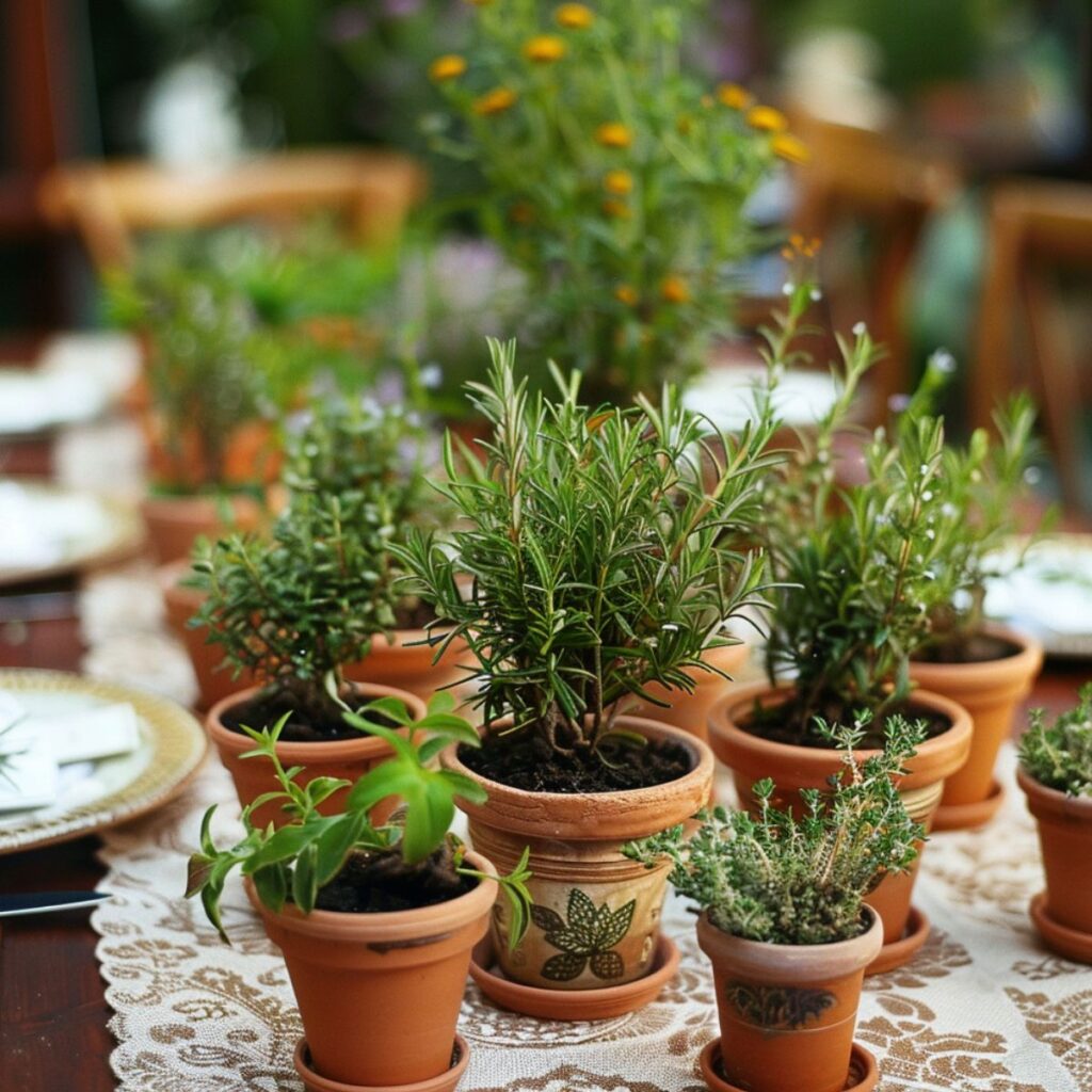Table set with plates and potted herbs centerpiece. 