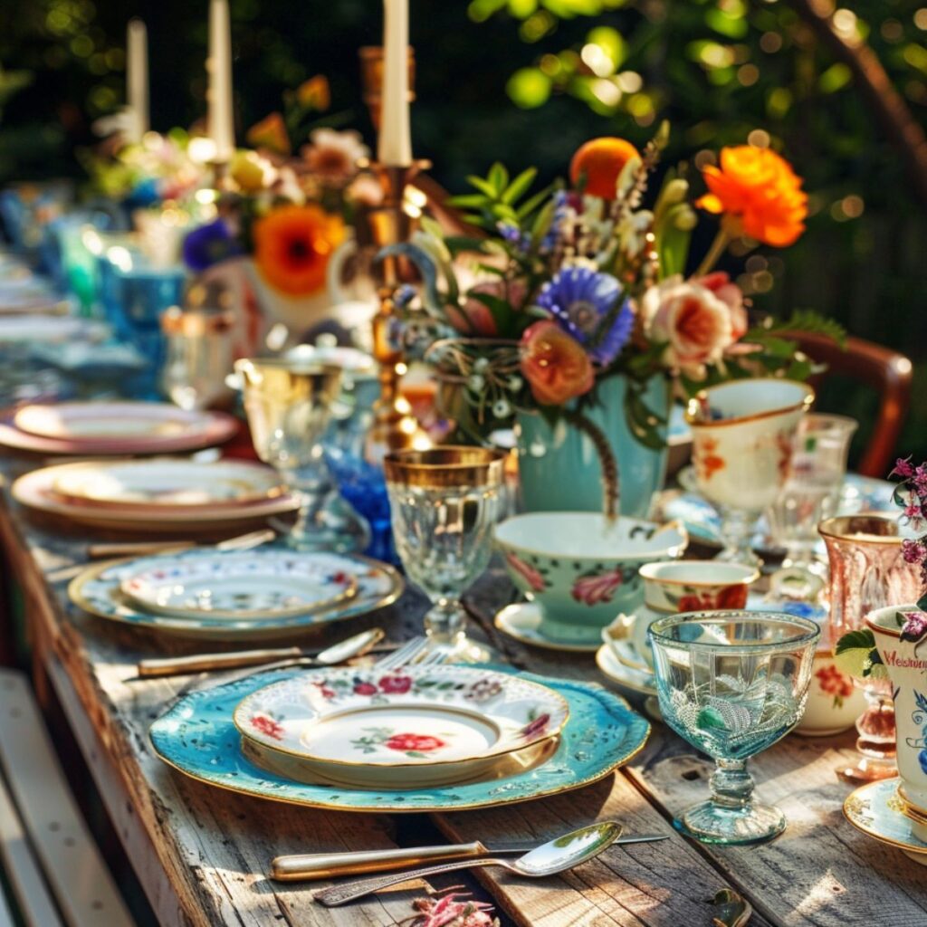 Tables set outside with colorful plates and flowers. 