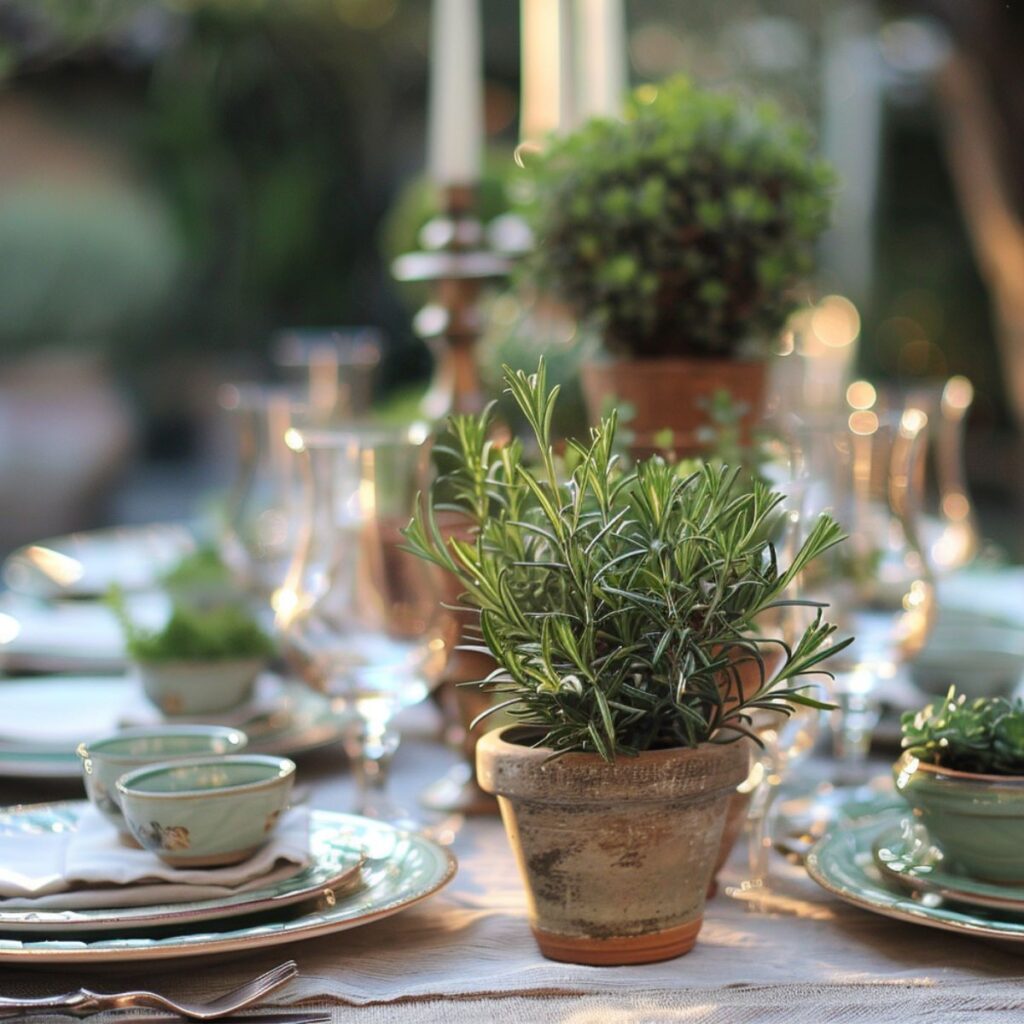 Table set with plates and potted herbs. 
