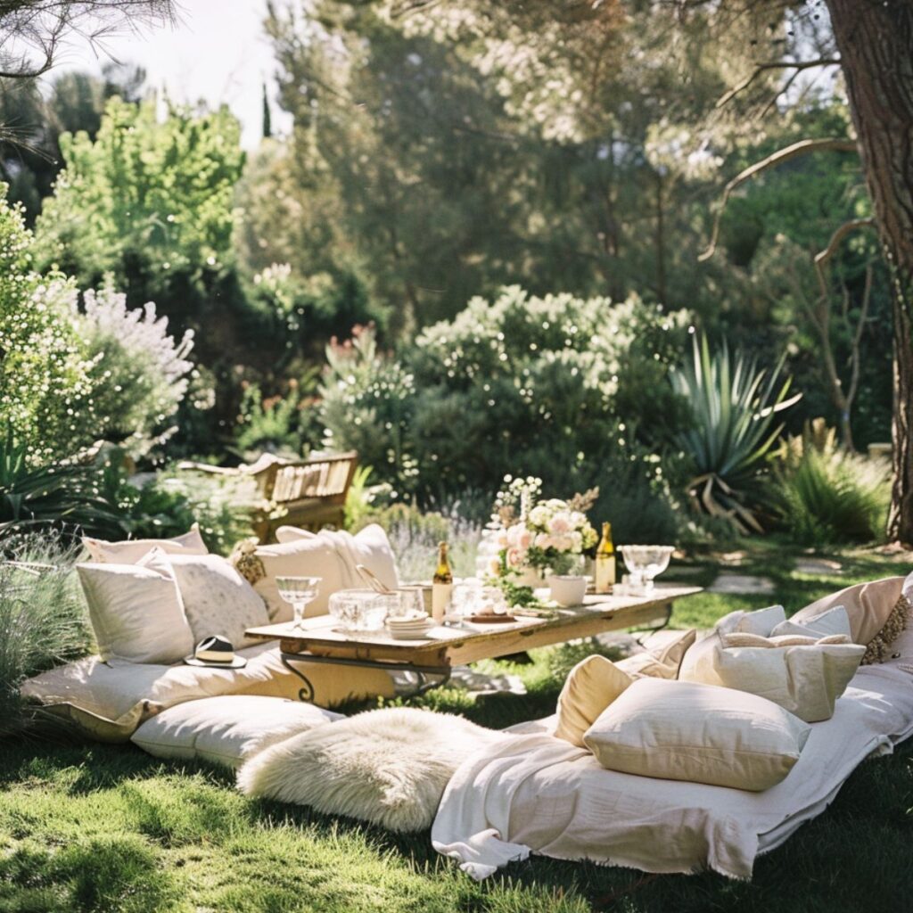 Outdoor table surrounded by cushioned benches with pillows. 