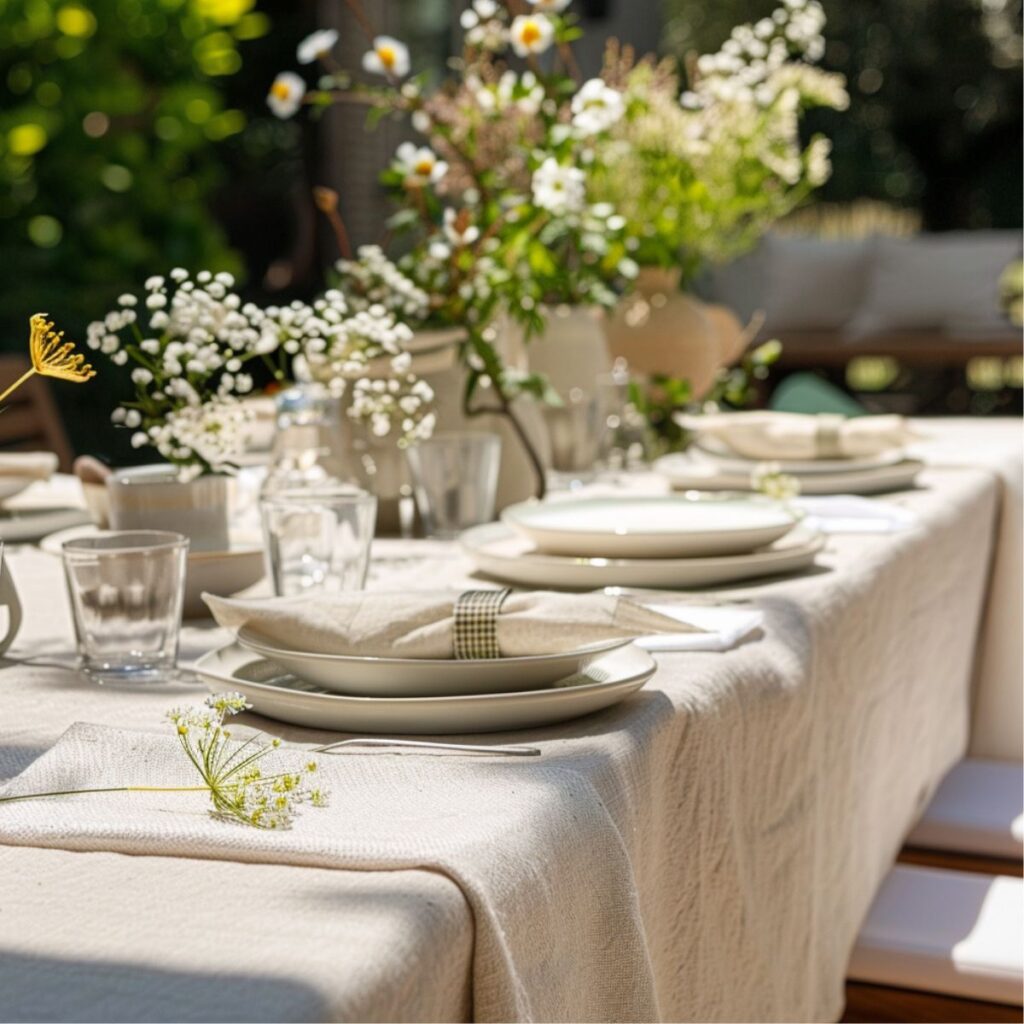 Table outside set with neutral tablecloth, plates, and flowers. 
