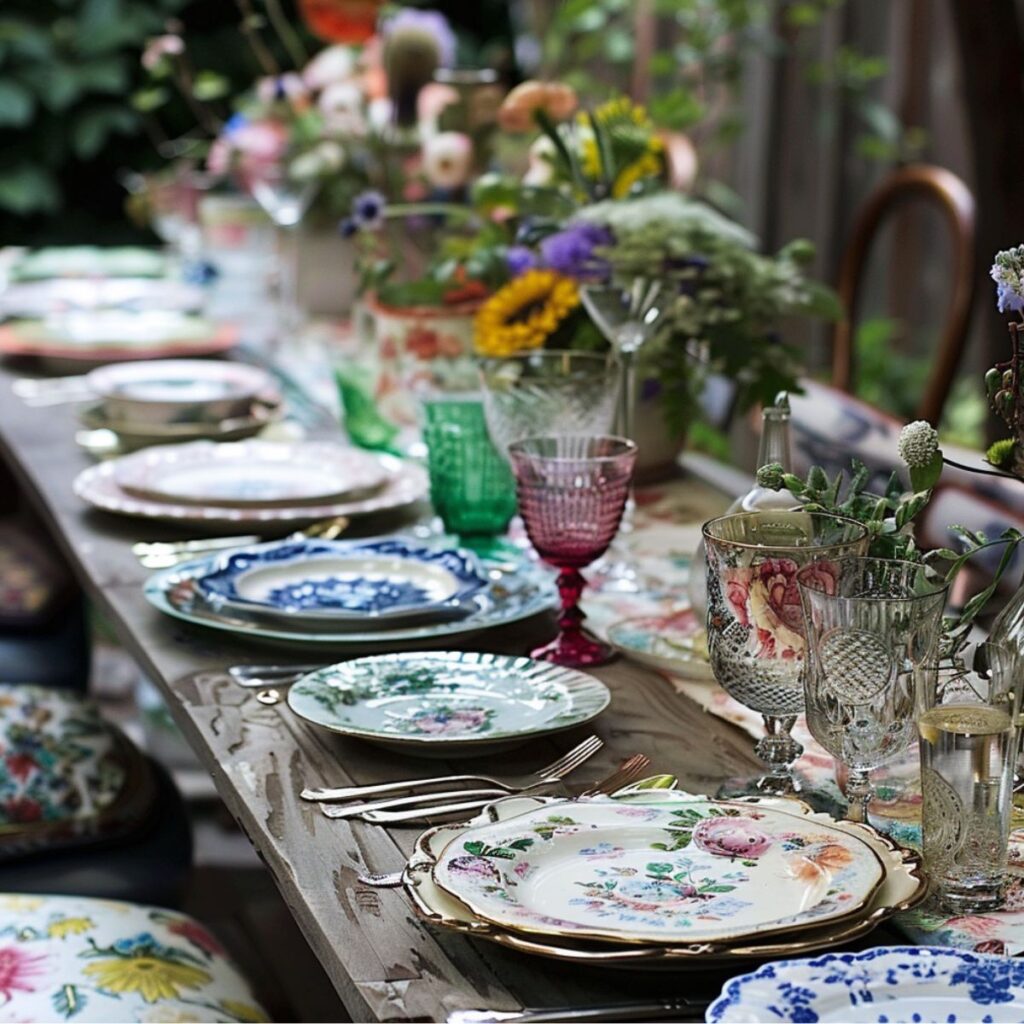 Wooden table outside set with mismatched, colorful plates. 
