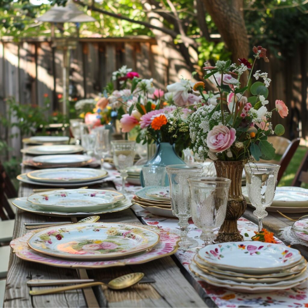 Wooden table outside decorated with colorful plates and flowers. 