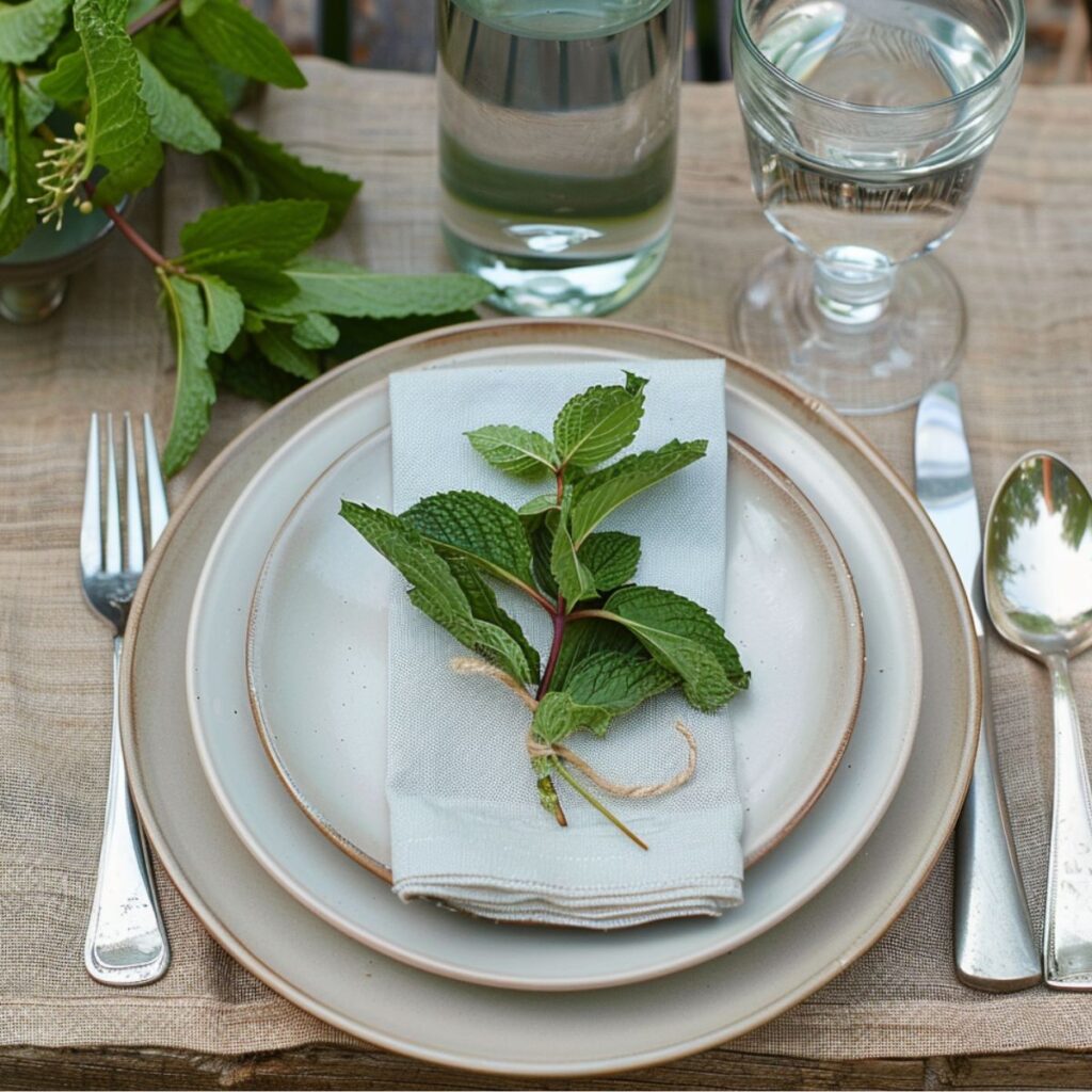Plate on a table with a napkin and piece of fresh herb.
