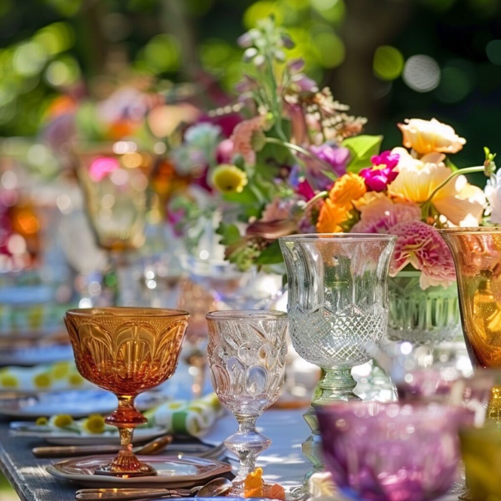 Outdoor table set with plates, colorful glassware, and colorful flowers. 